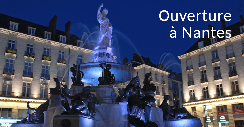 Ouverture à Nantes d'un bureau NIM Europe. Photo de fontaine de nuit.